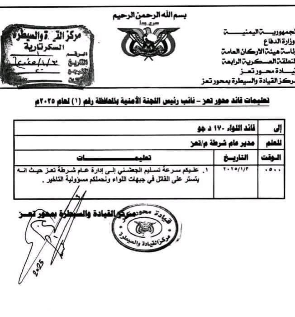 برقية عسكرية تشير الى تورط قائد عسكري بالتستر على القاتل برقية عسكرية تشير الى تورط قائد عسكري بالتستر على القاتل